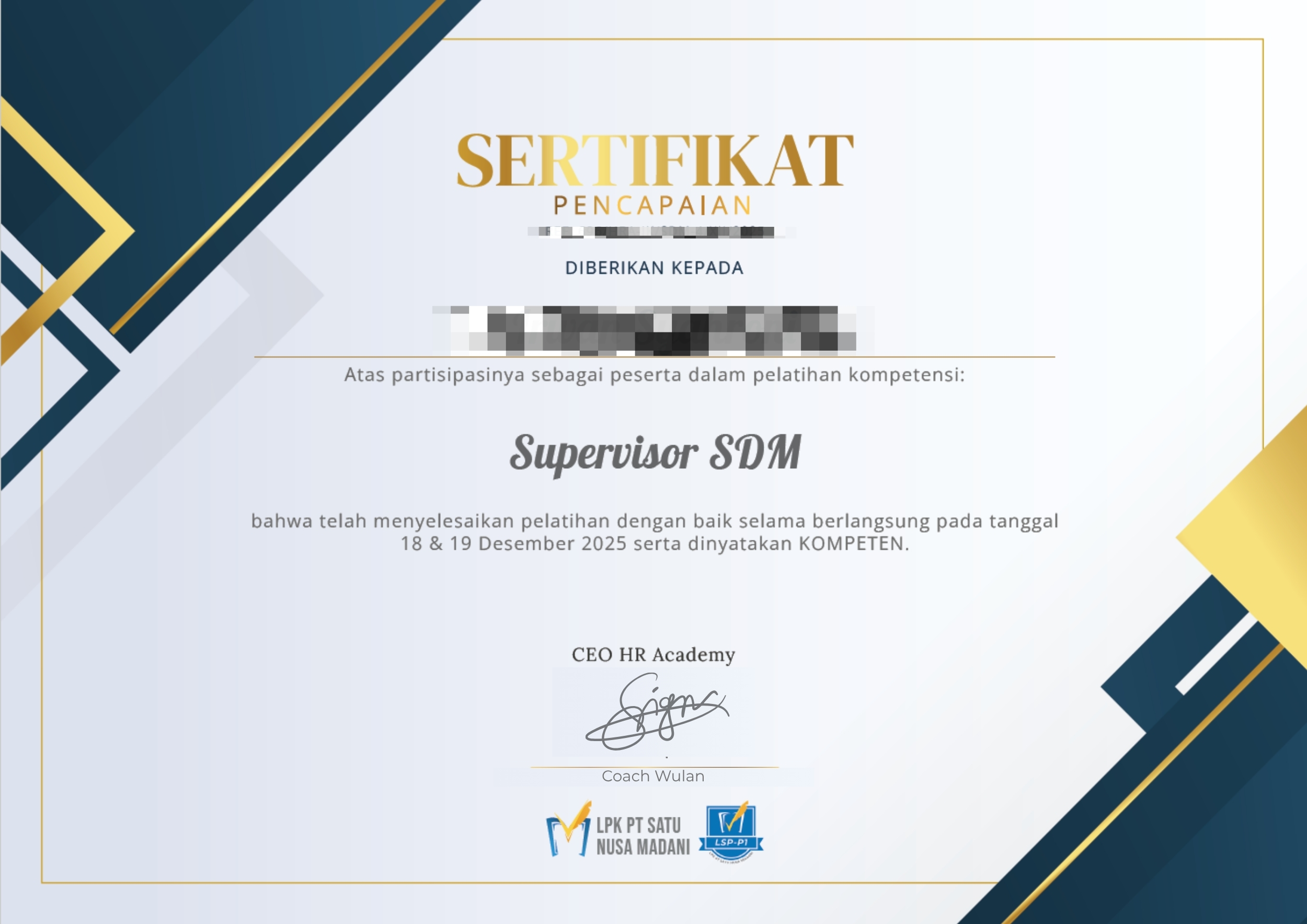 Sertifikat Kompetensi HR Supervisor LPK HR Academy
